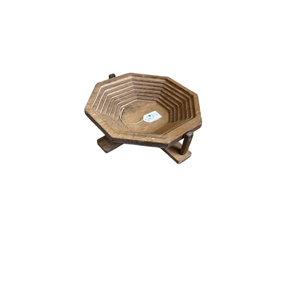 Vintage Collapsible Wooden Fruit Basket Octagon Spiral Folding Bowl Centerpiece